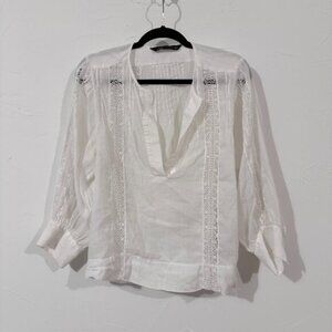 ZARA White Embroidered Boho Blouse Top Size L Peasant Tunic Long Sleeve